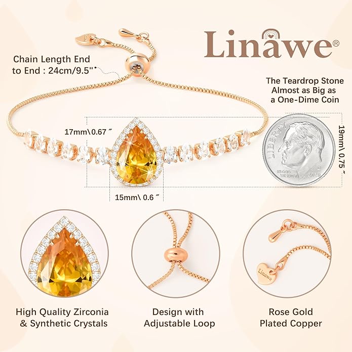 Linawe Crystal Imitation Diamond Rhinestone Charm Bracelets for Women, Gold/Silver/Rose Gold Adjustable Chain Bracelet, Teardrop Birthstone Cubic Zirconia Prom Costume Wedding Jewelry