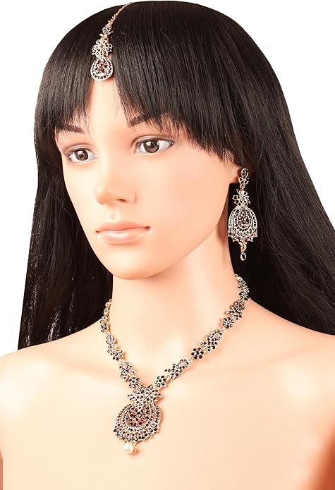 Touchstone Indian jewelry sets for women maang tikka wedding guest gold necklace bollywood jewellery set pageant elegant prom bride accessories western crystal chunky rhinestone necklaces
