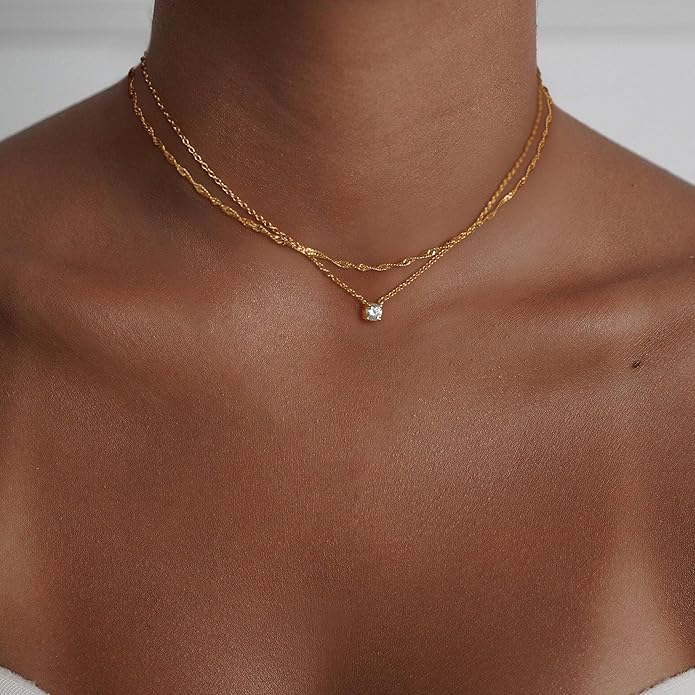 Dainty Gold Necklace for Women Non Tarnish Layered 14k Diamond Pendant Charm Gold Plated Necklaces CZ Trendy Zirconia Chain Choker Necklace Stack Gold Jewelry for Women Birthday Gift
