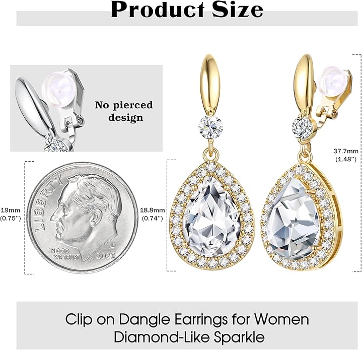 THUNARAZ Elegant Clip on Earrings for Women Sparkling Teardrop Dangle Clip Earrings Non-Pierced Rhinestone Cubic Zirconia Wedding Prom Jewelry 14K Gold and Silver Tone