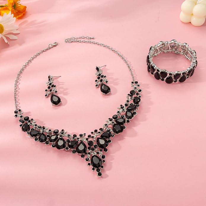 Elegant Bridal Wedding Jewelry Set for Women/Brides/Bridesmaids Teardrop Crystal Leaf Cluster Jewelry Set for Wedding Prom Party Bridal Bridesmaids Rhinestone Crystal Necklace Earrings Bracelet Set