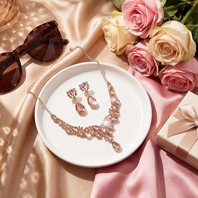 Hicarer Bridal Teardrop Cluster Crystal Jewelry Set for Women Necklace Earrings Wedding