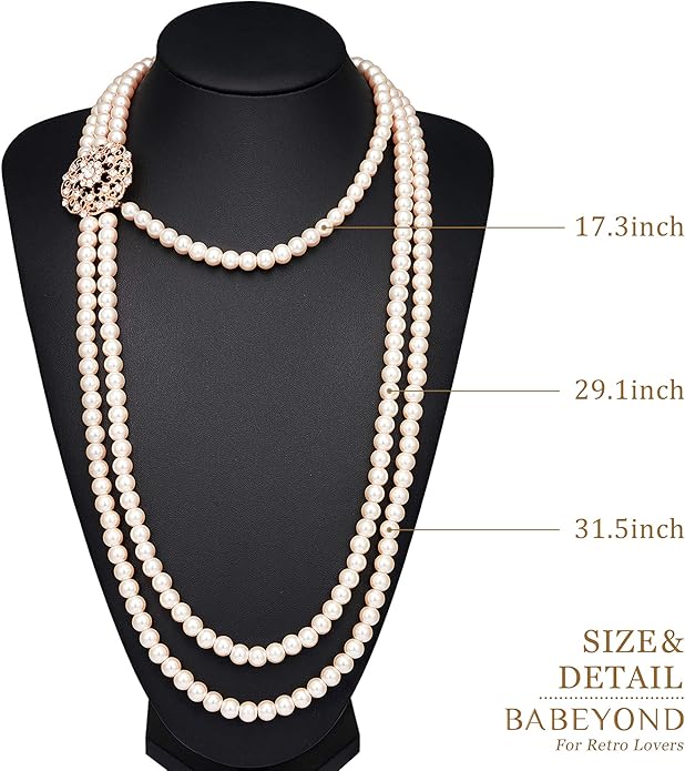 BABEYOND 1920s Gatsby Pearl Necklace Vintage Bridal Pearl Necklace Earrings Jewelry Set Multilayer Imitation Pearl Necklace with Brooch