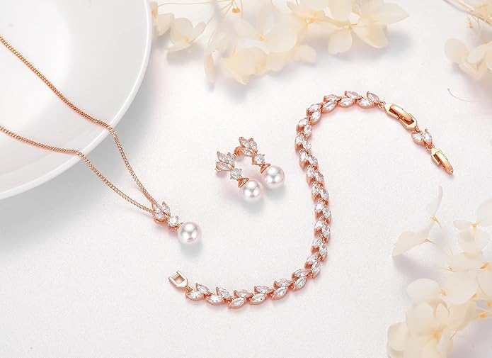 Wedding Jewelry for Bride Bridesmaid, Pearl Dangle Earrings and Pendant Necklace Set Bridal Jewelry for Promise Wedding Party