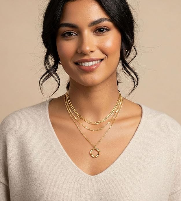 YEEZII Layered Gold Necklaces for Women Trendy, 3 Pcs 14K Gold Plated Choker Paperclip Box Chain Necklace, Stackable Women's Gold Pendant Necklaces Jewelry Set