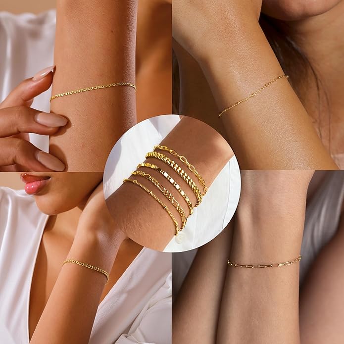 Gold Bracelets Set for Women Non Tarnish Trendy,14K Gold Plated Dainty Stackable Paperclip Cuban Link Chain Bracelets, Simple Cute Cuff Bracelets Jewelry Set Adjustable 7"+2"