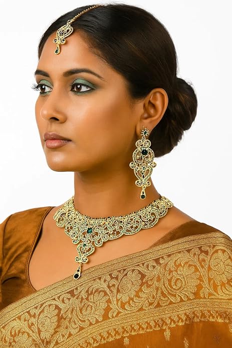 Touchstone Indian jewelry set for women bollywood gold jewellery wedding outfits necklace sets earrings bridal maang tikka fancy costume girls big desi accessories rhinestone in gold or silver tone