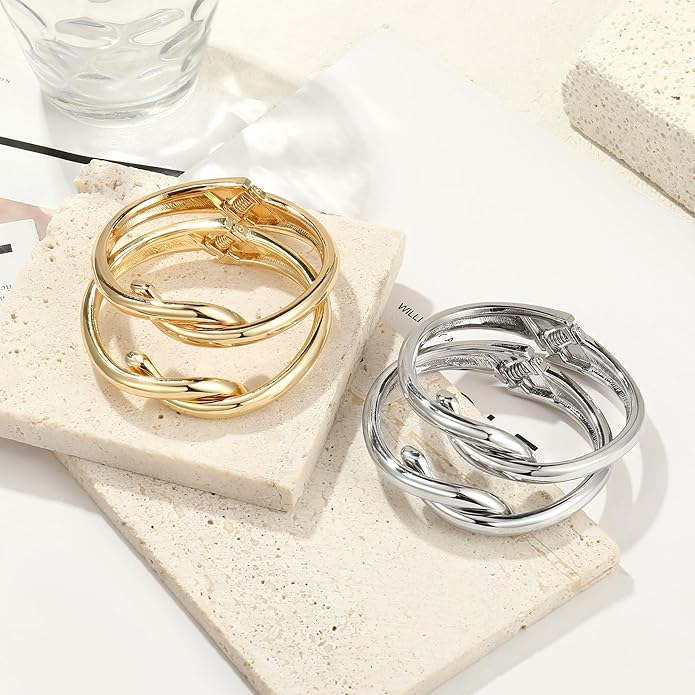2Pcs Bangle Bracelets for Women Gold Arm Cuff 14k Gold Plated Chunky Gold Bangle Set Hinged Cuff Bracelets Trendy Arm Cuff Jewelry for Women