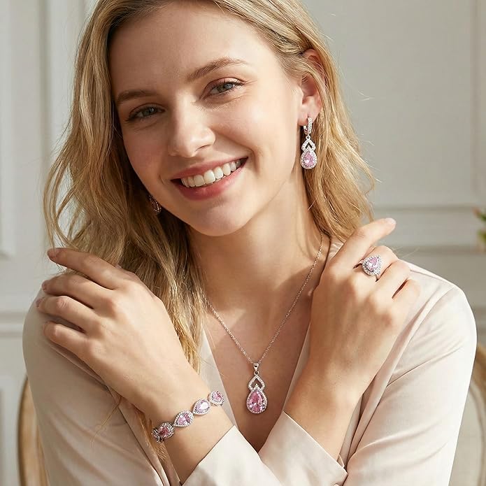 Classic Jewelry Set—Perfect for Weddings, Galas, and Everyday Wear—Includes Bracelet, Ring, Pendant Earrings, and Necklace ，Birthday Gift for Mother/Wife/Sister/Best Friend