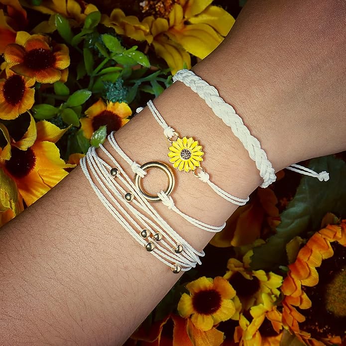 FANCY SHINY Sunflower String Bracelet Boho Braided Rope Wrap Bracelets Cute Summer Beach Surfer Jewelry for Women