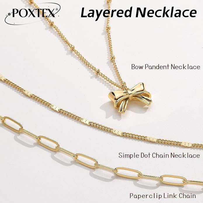 Layered Gold Necklaces for Women, Stackable Dainty 14K Gold Silver Plated Trendy Simple Heart Diamond Cross Bow Circle Pendant Paperclip Choker Dot Chain Necklace,Jewelry Set Gifts for Women