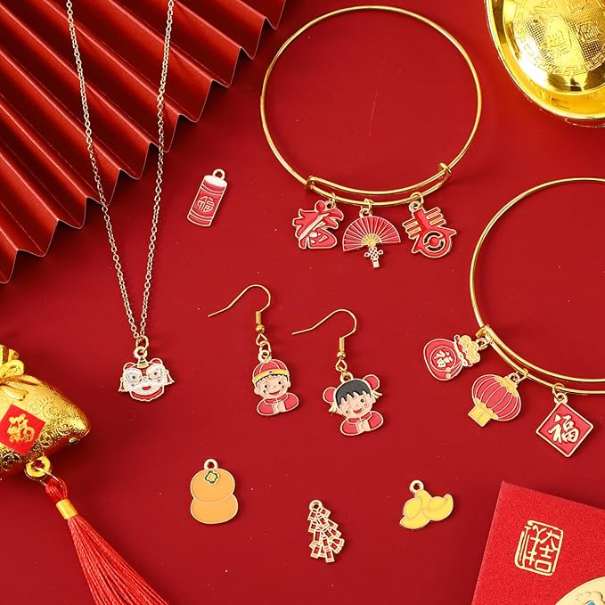 MARFOREVER Chinese New Year Charms, 40 Pcs/20 Pairs Gold Enamel Charms for Jewelry Making, Alloy Chinese Lucky Charm Pendants for Jewelry Bracelet Necklace Making