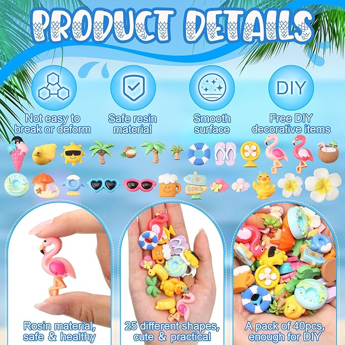 Giegxin 40 Pcs Summer Resin Charm Hawaii Beach Coconut Flamingo Plumeria Flower Flatback Cabochon Accessories Cute Embellishments Bulk for Jewelry Cellphone Case Scrapbooking Headband DIY Craft Making