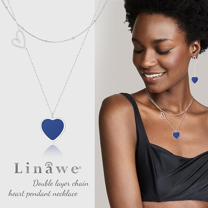 Linawe Layered Choker Heart Pendant Necklace for Women Trendy, Gold/Silver/Rose Gold Chain Stainless Steel Stacked Necklaces, Double Heart Necklace Y2K Preppy Jewelry