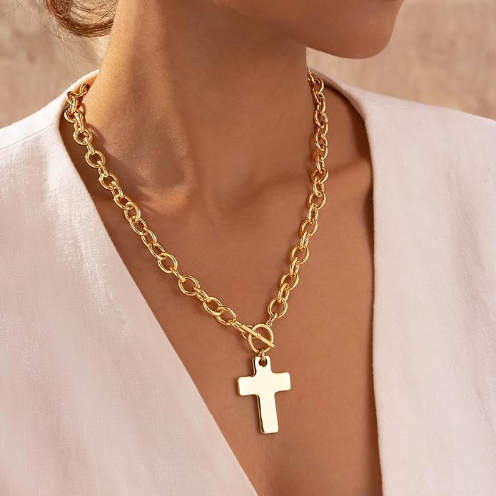 Chunky Gold Heart Necklace for Women，14K Gold Plated Puffy Heart Pendant Bold Chain Necklace with Toggle Clasp，Waterproof Non Tarnish Hypoallergenic Chunky Statement Jewelry Gift for Women