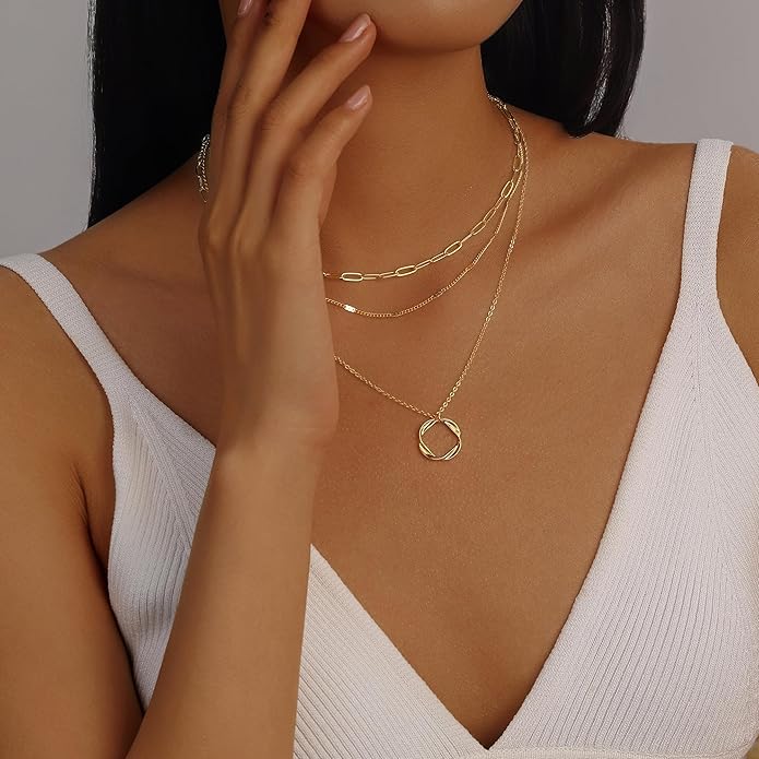 Evabelle Gold Layered Necklace for Women Trendy Jewelry 14K Real Gold Plated Chunky Chain Stackable Necklaces Dainty Choker Necklaces Rectangle Square Pendant