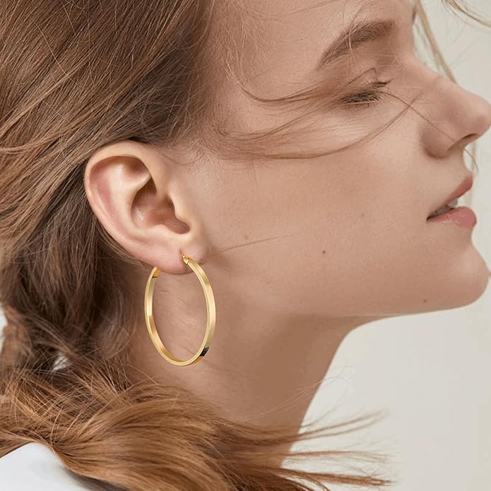 Gacimy Flatted Hoop Earrings for Women 14K Gold Plated with 925 Sterling Silver Post
