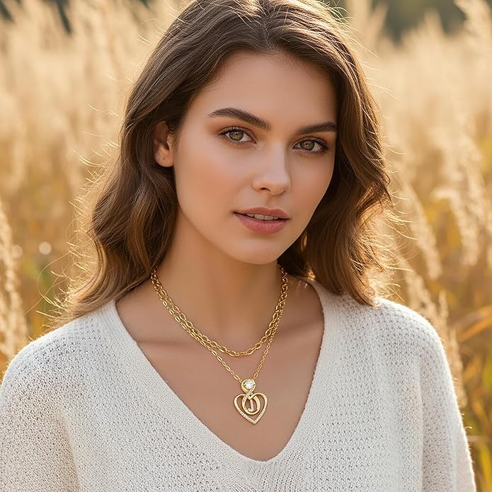 Heart Letter Necklaces for Women 14K Gold Plated Cubic Zirconia Heart Initial Layered Necklace Infinity Pendant Necklace Letter Initial Jewelry for Women