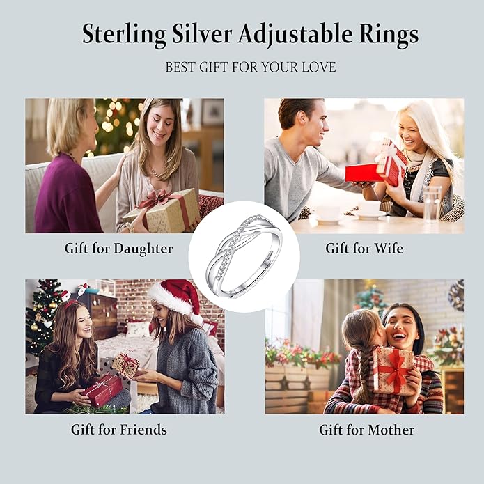 OOOPEL Sterling Silver Adjustable Ring S925 Silver Rings for Women Cubic Zirconia Twist Love Knot Dainty Ring Silver Minimalist Open Finger Rings Silver Thumb Sterling Silver Ring
