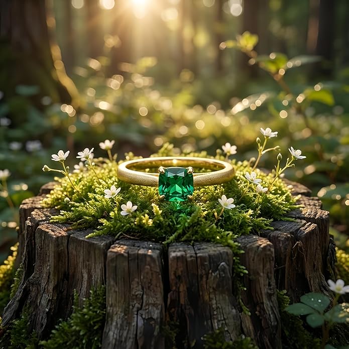 14K Gold Emerald Square Cut Solitaire Ring for Women | Elegant Engagement, Wedding, Anniversary, Birthday Fine Jewelry | Classic 14 Karat Gold Setting