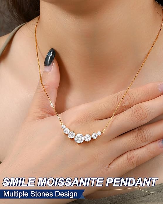 TUHE 7 Stones Moissanite Necklace for Women, 1.7-5.0 Carat Smile Moissanite Pendant Necklace 18k Gold Plated Sterling Silver 16.5+2.5 inch Box Chain Tennis Necklaces with Certificate of Authenticity