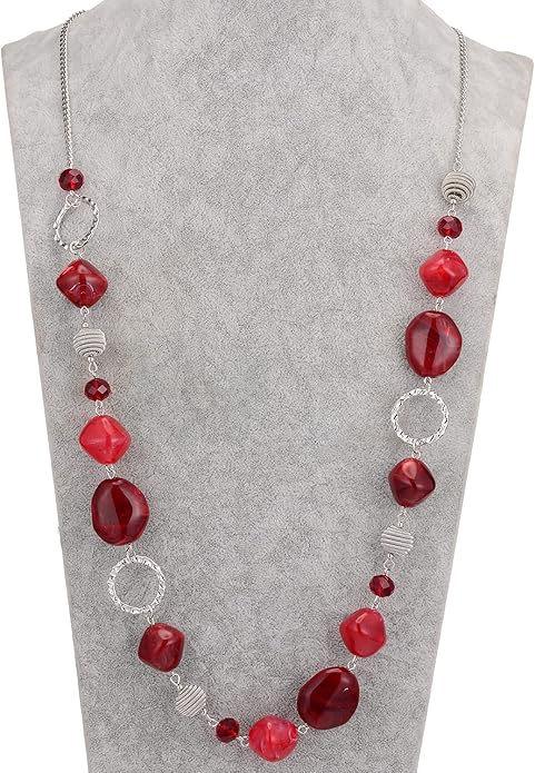BULINLIN Beaded Long Necklace for Women Silver Sweater Chain Necklace with Crystal Resin Beads, Fashion Jewelry Necklace