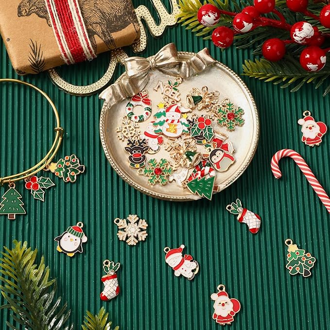 MARFOREVER 40Pcs/20 Pairs Christmas Charms, Christmas Gold Enamel Charms Pendants for Jewelry Making, Metal Alloy Xmas Charm Pendants for Bracelet Necklace Earrings Making Accessories