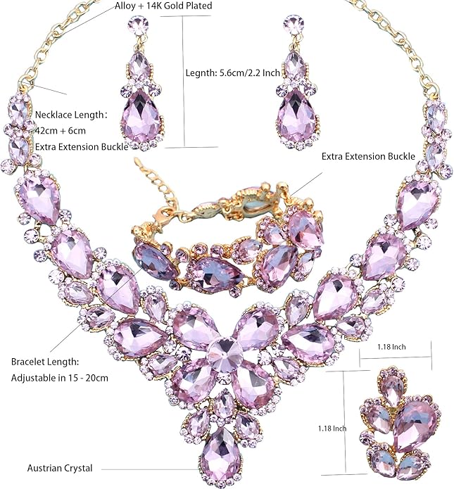 Women's Wedding Bridal Austrian Crystal Glass Teardrop Statement Necklace Dangle Earrings Bracelet Ring Wedding Party Jewelry Set for Bridal Bridesmaid