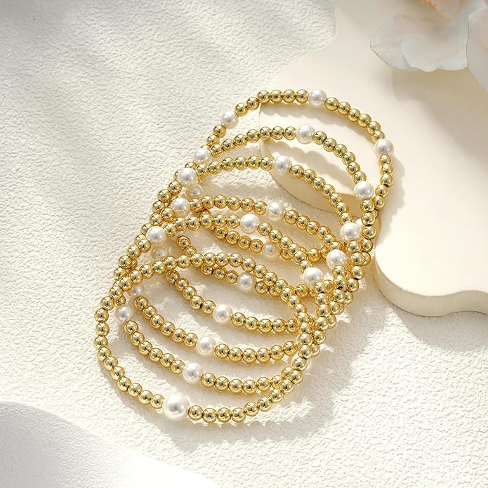 Gold Bead Bracelets for Women Girls - 14K Gold Plated Dainty Round Bead Ball Pearl Cross Bracelet Stack for Women Teenage Girls Stackable Jewelry Christmas Gifts