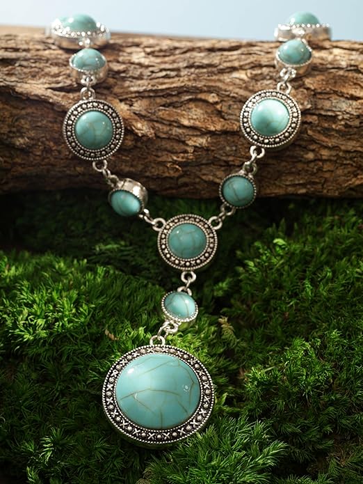 MINACHI Bohemian Created Turquoise Beaded Y-Necklace, Turquoise-toned Multi-shaped Pendant, Dainty Elegant Jewelry for Women