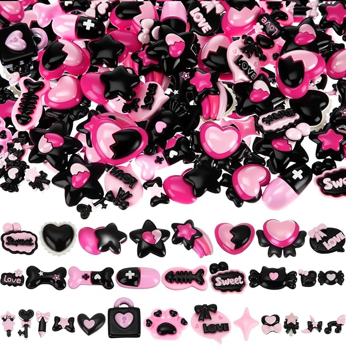 Giegxin 40 Pcs Pink and Black Valentine's Day Resin Charm Love Heart Bow Star Cat Claw Bone Meteor Flatback Cabochon Accessories Cute Embellishment Bulk for Jewelry Cellphone Case Scrapbooking DIY