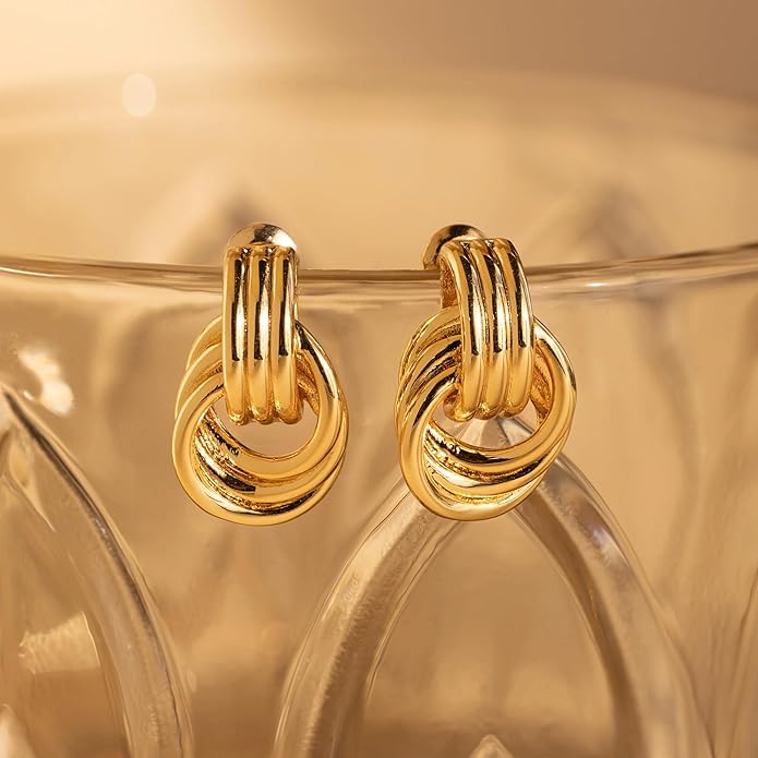 Gold Earrings for women Trendy - 14K Gold Plated Chunky Drop Dangle Knots Statement Earrings Hypoallergenic Lightweight Gold Jewelry Gifts