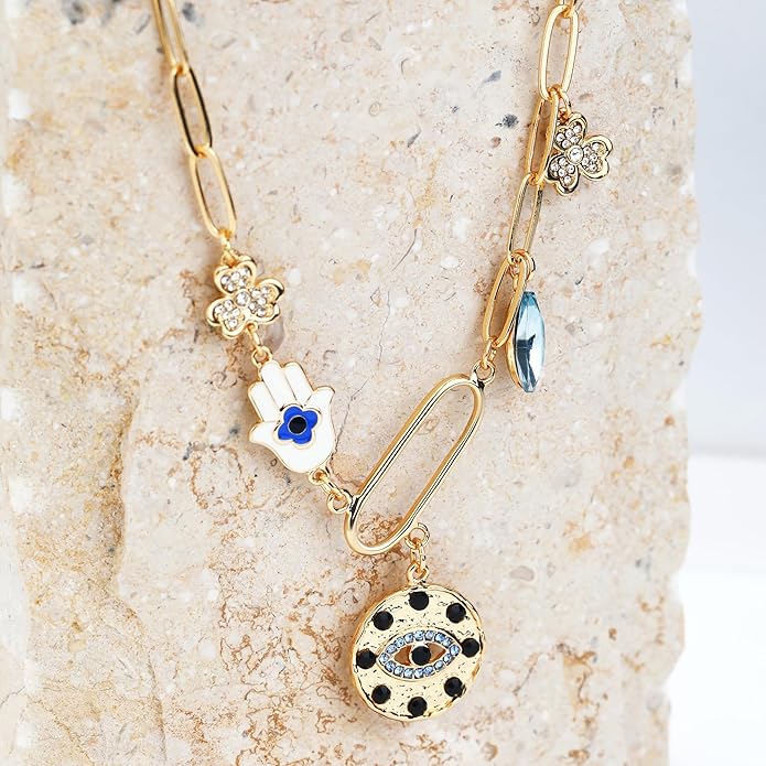 MISS RIGHT Dainty Gold Evil Eye Hamsa Hand Coin Lucky Charm Pendant Necklace for Women Trendy Vintage Paperclip Chain Sun Moon Clover Flower Chunky Charm Necklace Jewelry Gifts