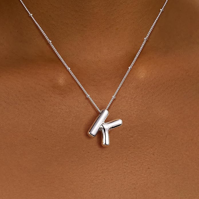Inerney Valentines Day Gifts Gold Bubble Letter Necklace Initial Necklaces for Women, Chunky 14K Plated Balloon Initials, Trendy Charm Non Tarnish Custom Name Pendant Jewelry Gifts for Mom
