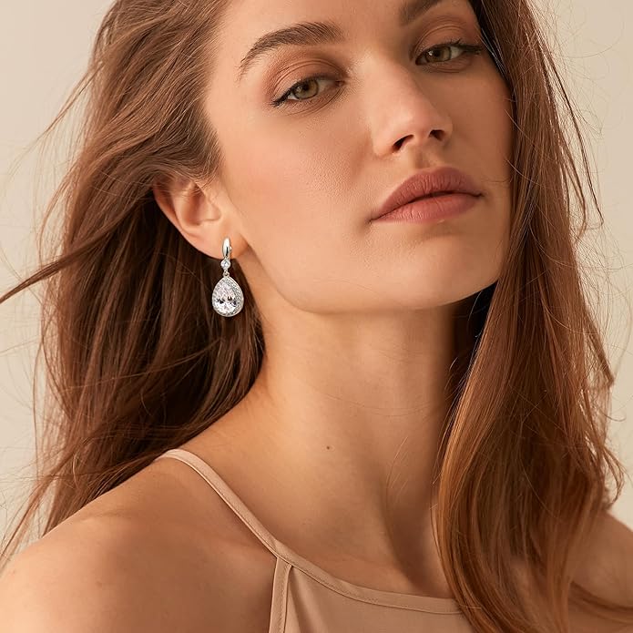THUNARAZ Elegant Clip on Earrings for Women Sparkling Teardrop Dangle Clip Earrings Non-Pierced Rhinestone Cubic Zirconia Wedding Prom Jewelry 14K Gold and Silver Tone