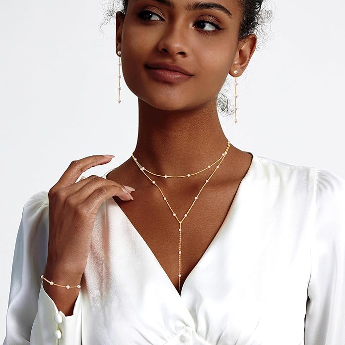 Zeffy Gold Pearl Necklace for Women, Dainty 14K Gold/Silve Plated Layered Pearl Choker Pearl Earrings Pearl Bracelets Wedding Trendy Gold Jewelry Set for Women Gifts