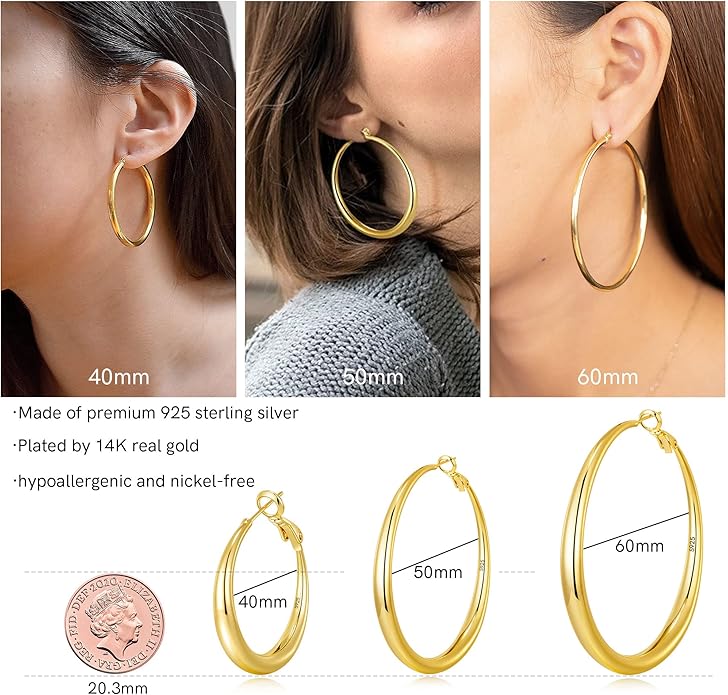 EXGOX Sterling Silver Hoop Earrings - Hypoallergenic, Lightweight, Chunky, 14K Real Gold Plated, Big Large Hoops for Women