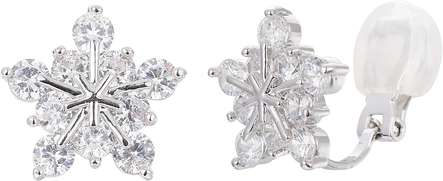 SELOVO Snowflake Flower Zircon Cubic Zirconia Clip on Stud Earrings for Women