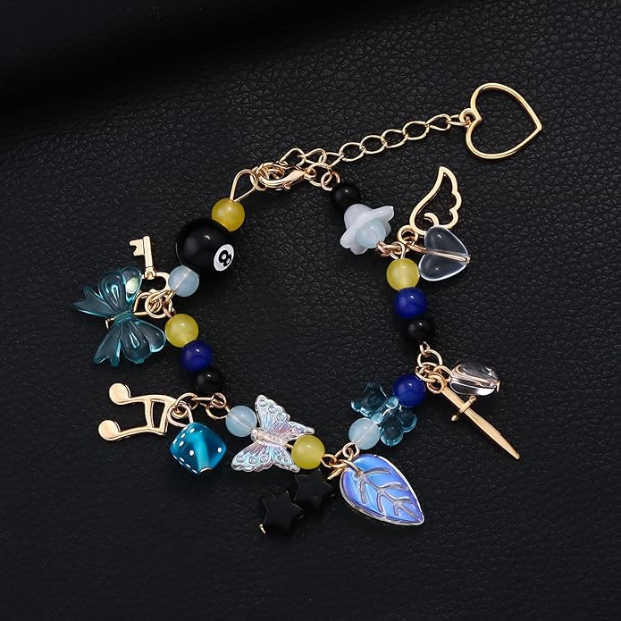 Black 8 Ball Charm Bracelet - Y2K Bow Dopamine Leaf Star Bracelets - Gift for Sister Bestie Friend