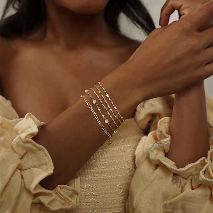MBW Gold Bracelets for Women Trendy, Dainty 14K Gold Plated Bracelet Stack Beaded Chain Bracelet Set Thin Small Cute Paperclip Bracelets Fashion Waterproof Jewelry Gift Gold Accessories for Women
