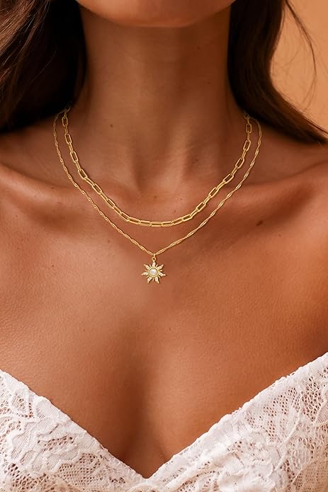 CHESKY Layered Necklaces for Women Trendy, Dainty 14k Gold Plated Pendant Necklace Layering Necklace for Women Non Tarnish Hypoallergenic Sun Gold Necklace Stack Gold Jewelry for Women Gifts