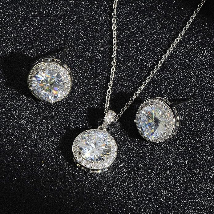 Bridal Crystal Jewelry Set - Sterling Silver Round Cubic Zirconia CZ Rhinestone Halo Birthstone Pendant Necklace Stud Earrings Set for Wedding Bride Bridesmaids Birthday Gift