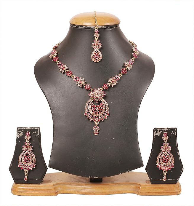 Touchstone Indian jewelry sets for women maang tikka wedding guest gold necklace bollywood jewellery set pageant elegant prom bride accessories western crystal chunky rhinestone necklaces
