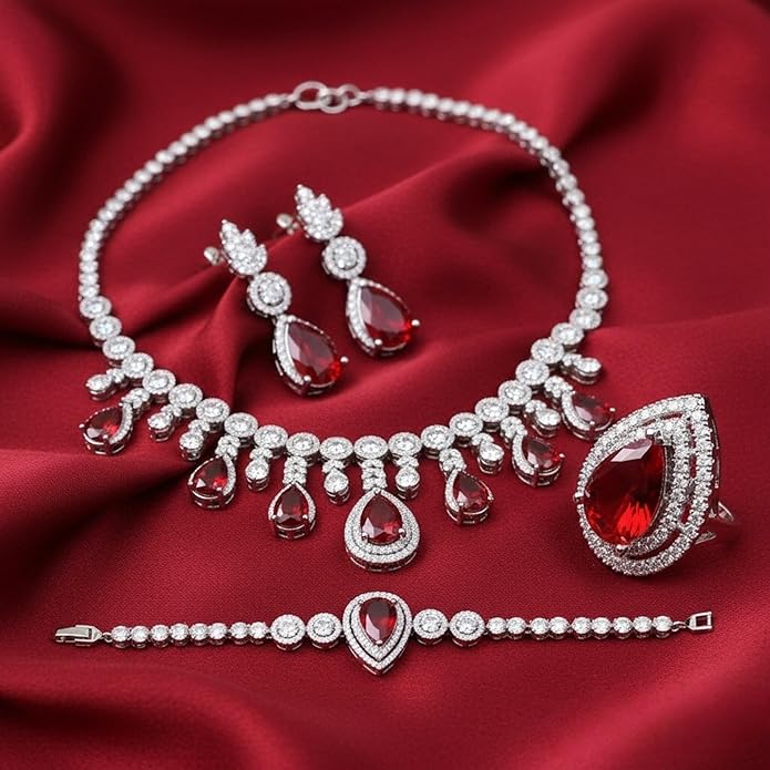 Rhinestone Wedding Bridal Jewelry Set Women's Prom Style Emerald Teardrop Necklace, Earrings, Bracelet, Ring Wedding Bridesmaid Gift Pairs With Evening Gowns
