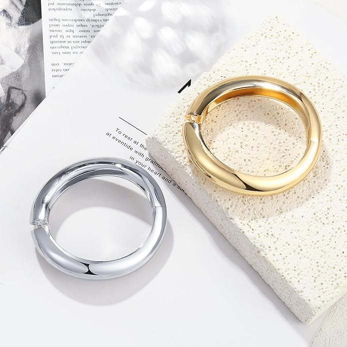 2Pcs Bangle Bracelets for Women Gold Arm Cuff 14k Gold Plated Chunky Gold Bangle Set Hinged Cuff Bracelets Trendy Arm Cuff Jewelry for Women