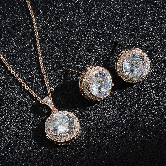 Bridal Crystal Jewelry Set - Sterling Silver Round Cubic Zirconia CZ Rhinestone Halo Birthstone Pendant Necklace Stud Earrings Set for Wedding Bride Bridesmaids Birthday Gift