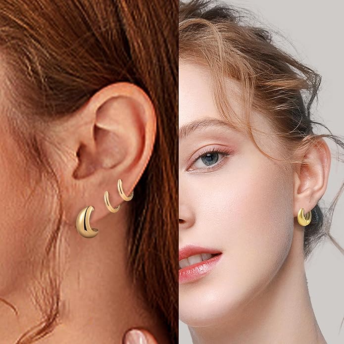 Wgoud 6 Pairs Gold Hoop Earrings Set for Women, 14K Gold Plated Hypoallergenic Lightweight Chunky Open Huggie Hoops Earrings Jewelry for Gifts.