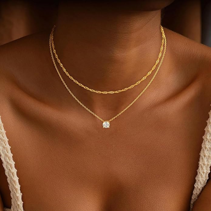 Dainty Gold Necklace for Women Non Tarnish Layered 14k Diamond Pendant Charm Gold Plated Necklaces CZ Trendy Zirconia Chain Choker Necklace Stack Gold Jewelry for Women Birthday Gift