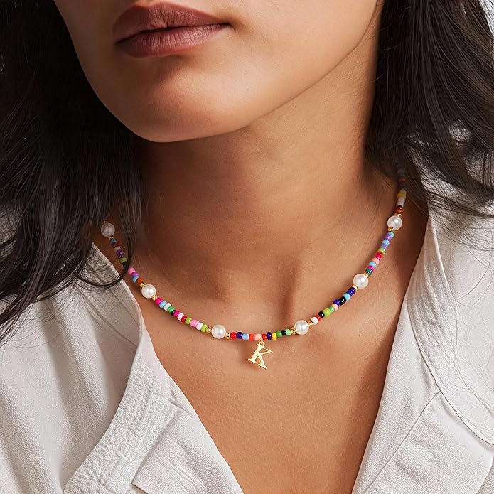 M MOOHAM Valentines Day Gifts for Kids Teen Girls - Colorful Initial Necklaces for Girls Women Kids, Beaded Pearl Choker Necklace for Women Trendy, Birthday Gifts Teenage Girl Teen Kid Jewelry