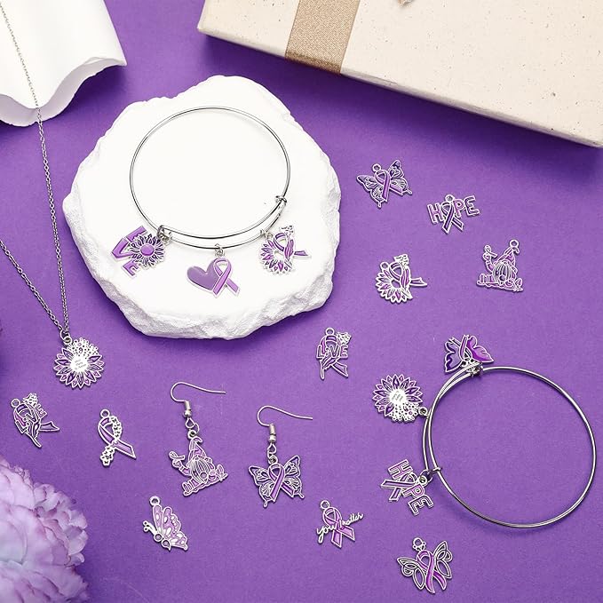 MARFOREVER 40 Pcs/20 Pairs Domestic Violence Charms for Jewelry Making, Purple Ribbon Awareness Charm Alzheimers Pancreatic Cancer Charms Lupus Awareness Pendants for Bracelet Necklace Earrings Making